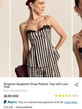 NWT Commense Black and White Gingham Spaghetti Strap Peplum Top